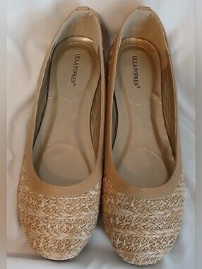 Ulla Popken Natural Beige Woven Raffia Ballet Flats